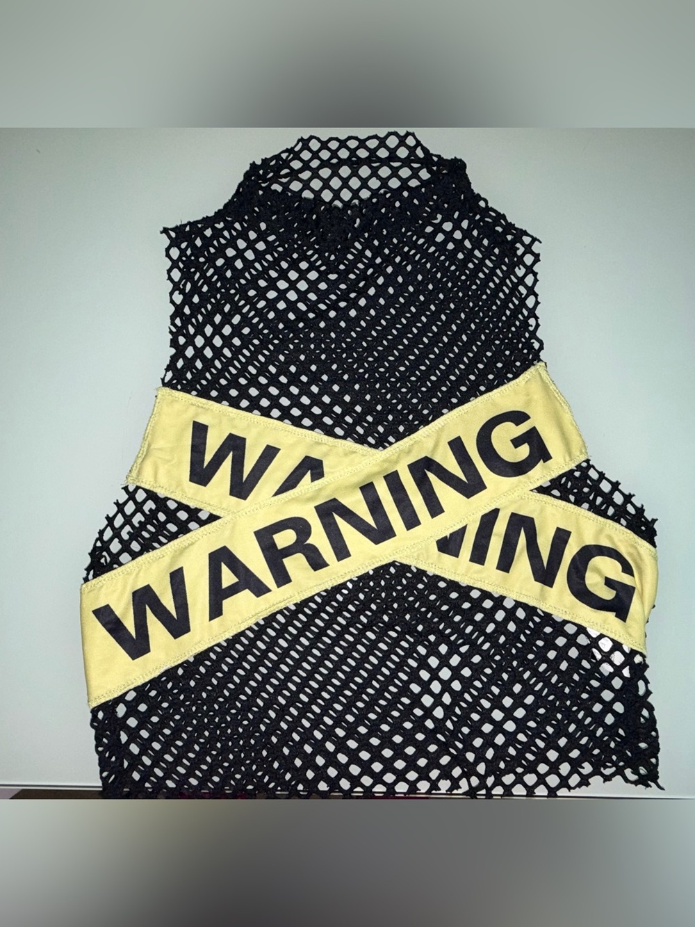 Black Fishnet Crop Top with Yellow Warning Band - Picture 2 of 5